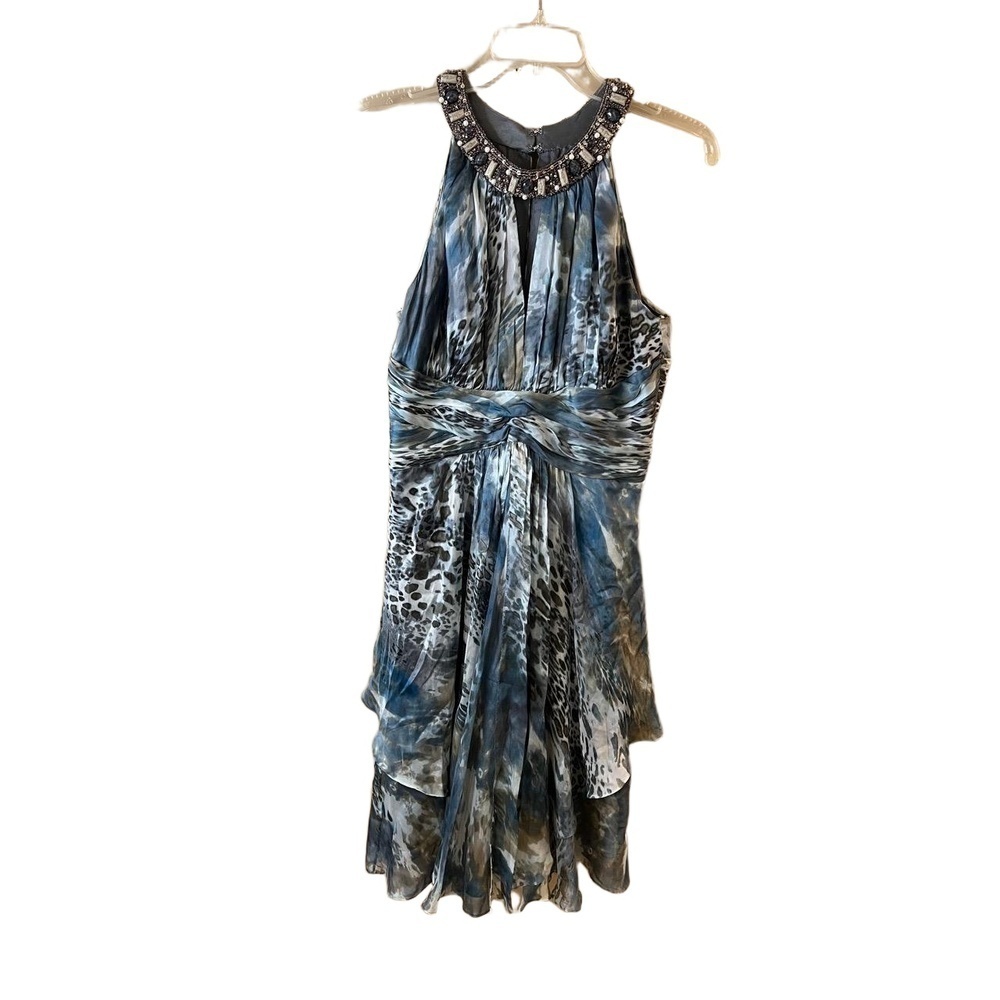 Rickie Freeman Teri Jon Animal Print Halter Evening Dress 100% Silk Size 12